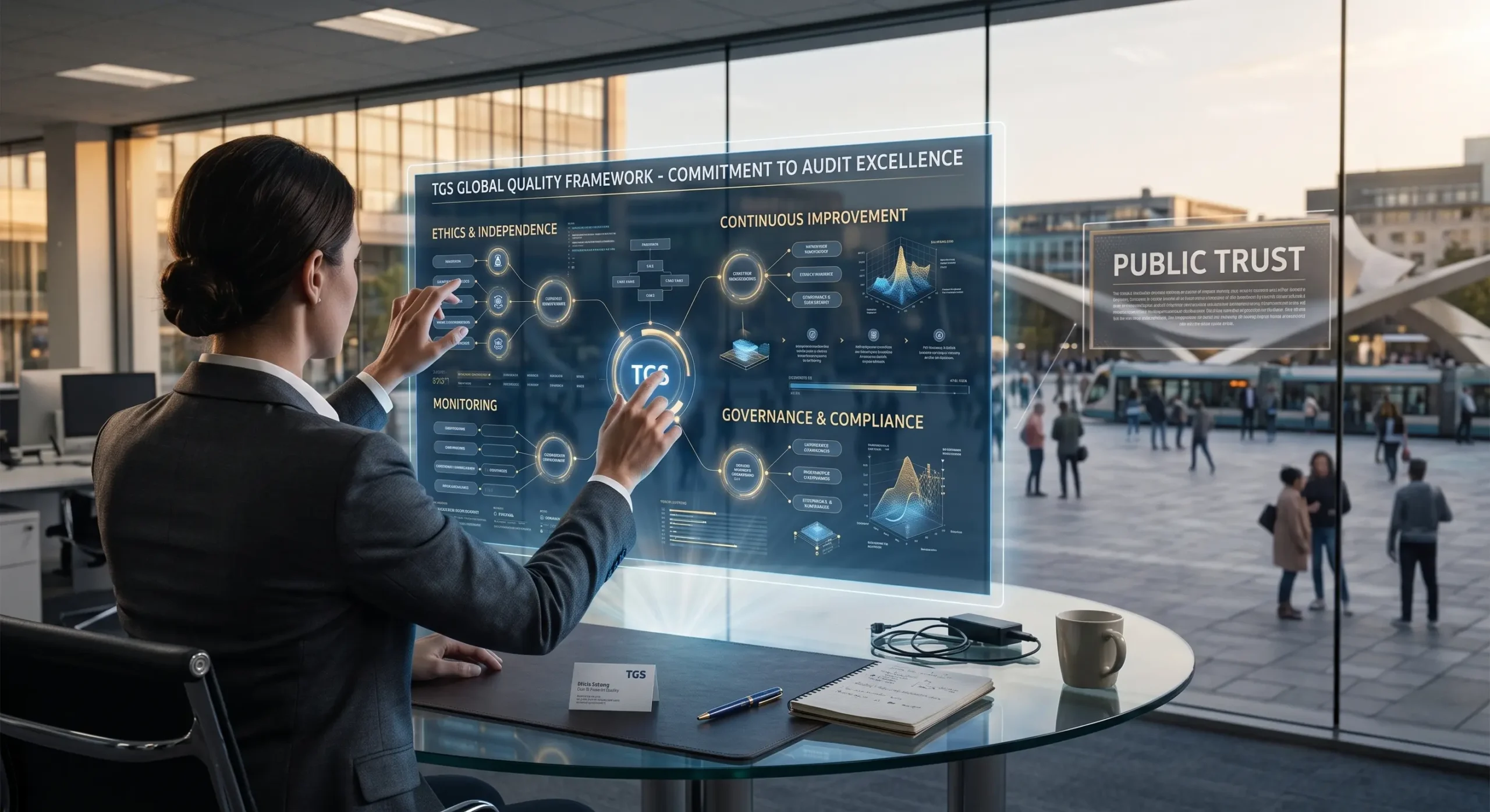 An auditor reviews an intricate, glowing 'TGS GLOBAL QUALITY FRAMEWORK' and 'COMMITMENT TO AUDIT EXCELLENCE' interface, with a background view through a window showing a public square and architecture explicitly integrated with a visualization of 'PUBLIC TRUST'.