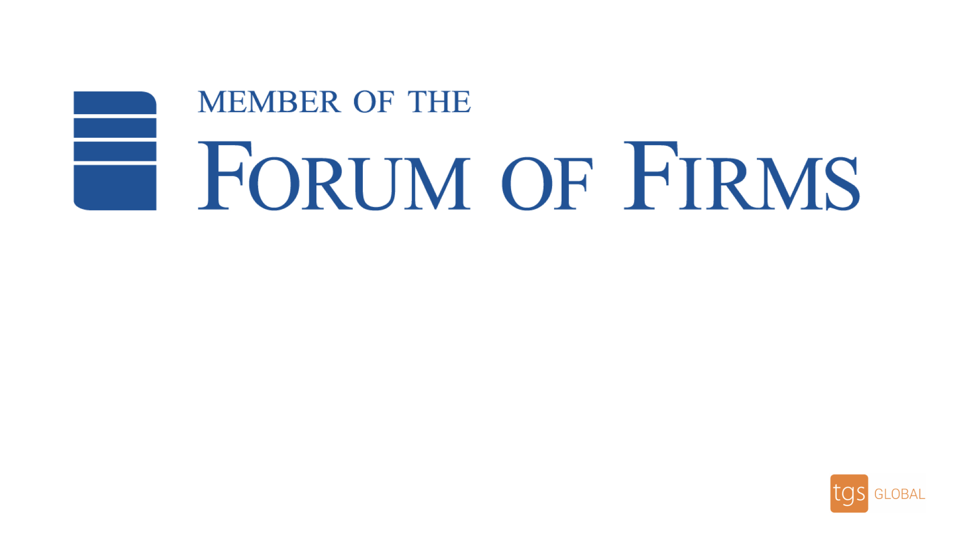 A professional hand signs the 'MEMBERSHIP OF THE FORUM OF FIRMS' certificate with a fountain pen featuring the TGS logo, set against a modern cityscape at dusk and a projected hologram of the TGS global network, emphasizing quality and global reach.