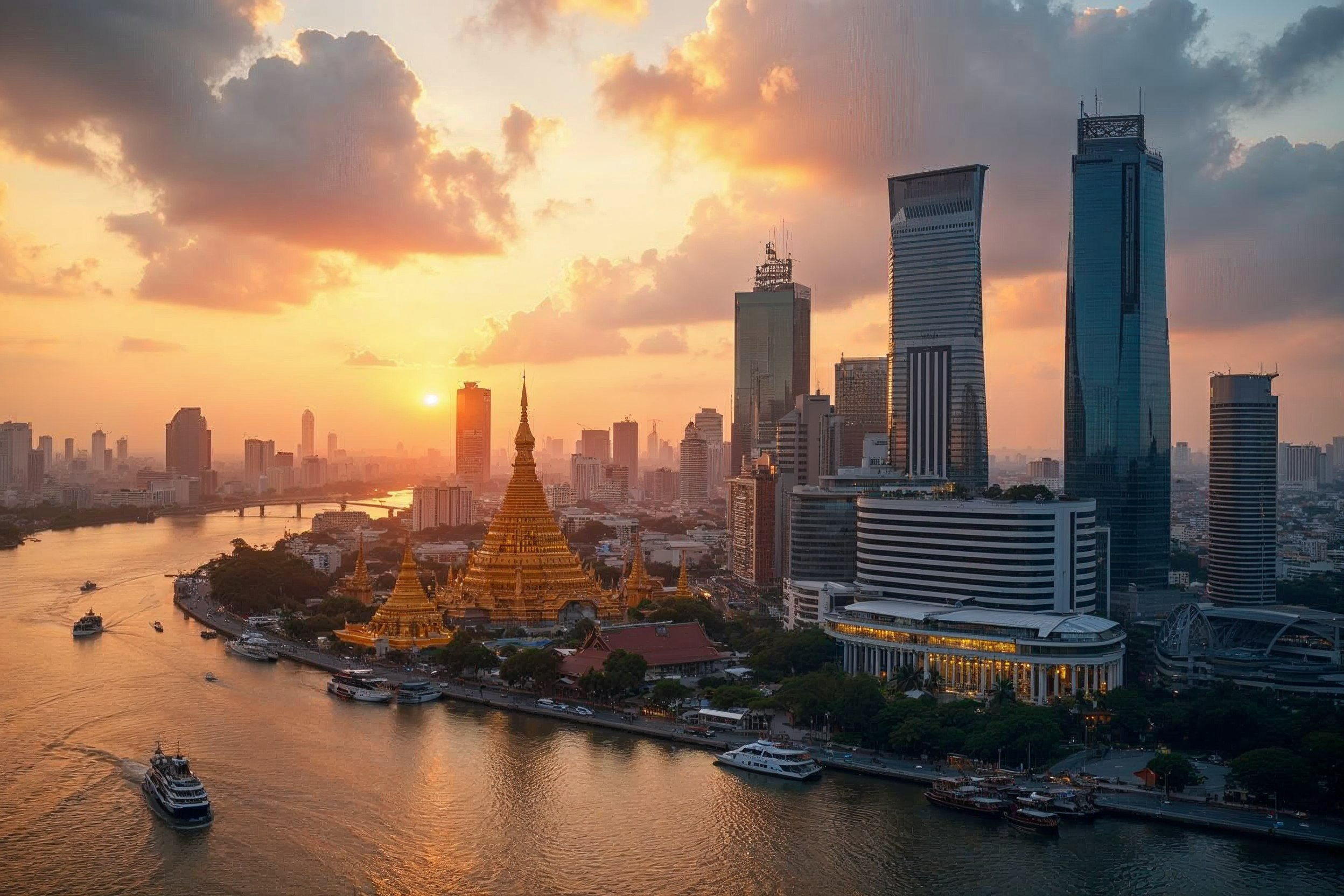 Bangkok business skyline and cultural landmarks for international corporate expansion